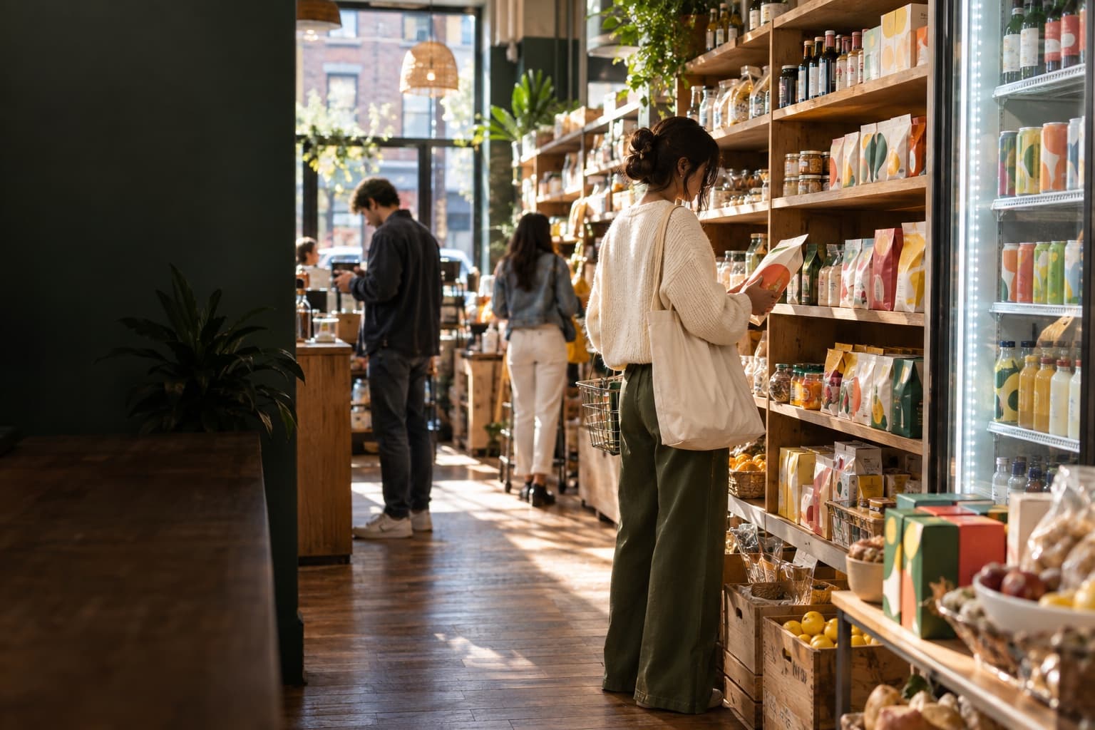 Shoppers discovering emerging products in an independent neighborhood retailer