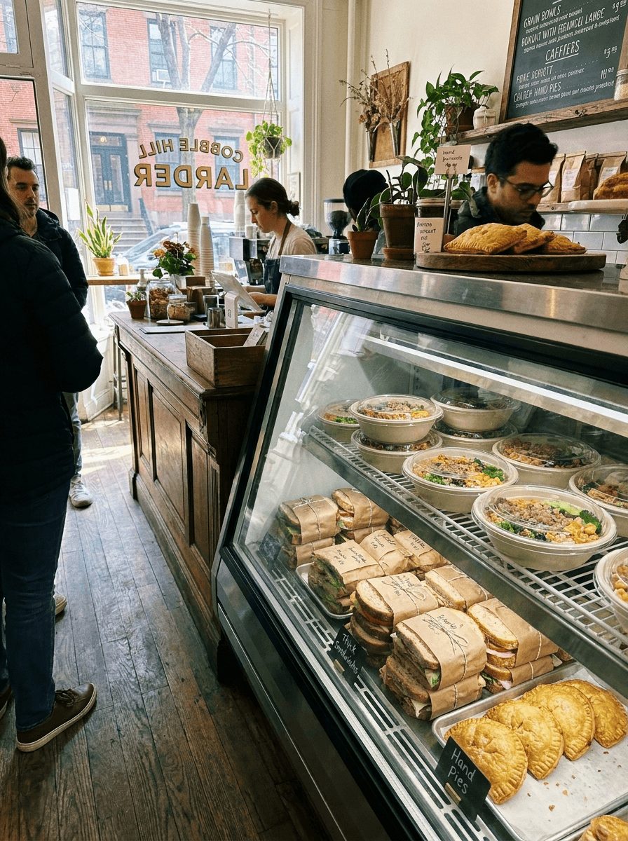 Cafe counter with fresh sandwiches, bowls, and hand pies